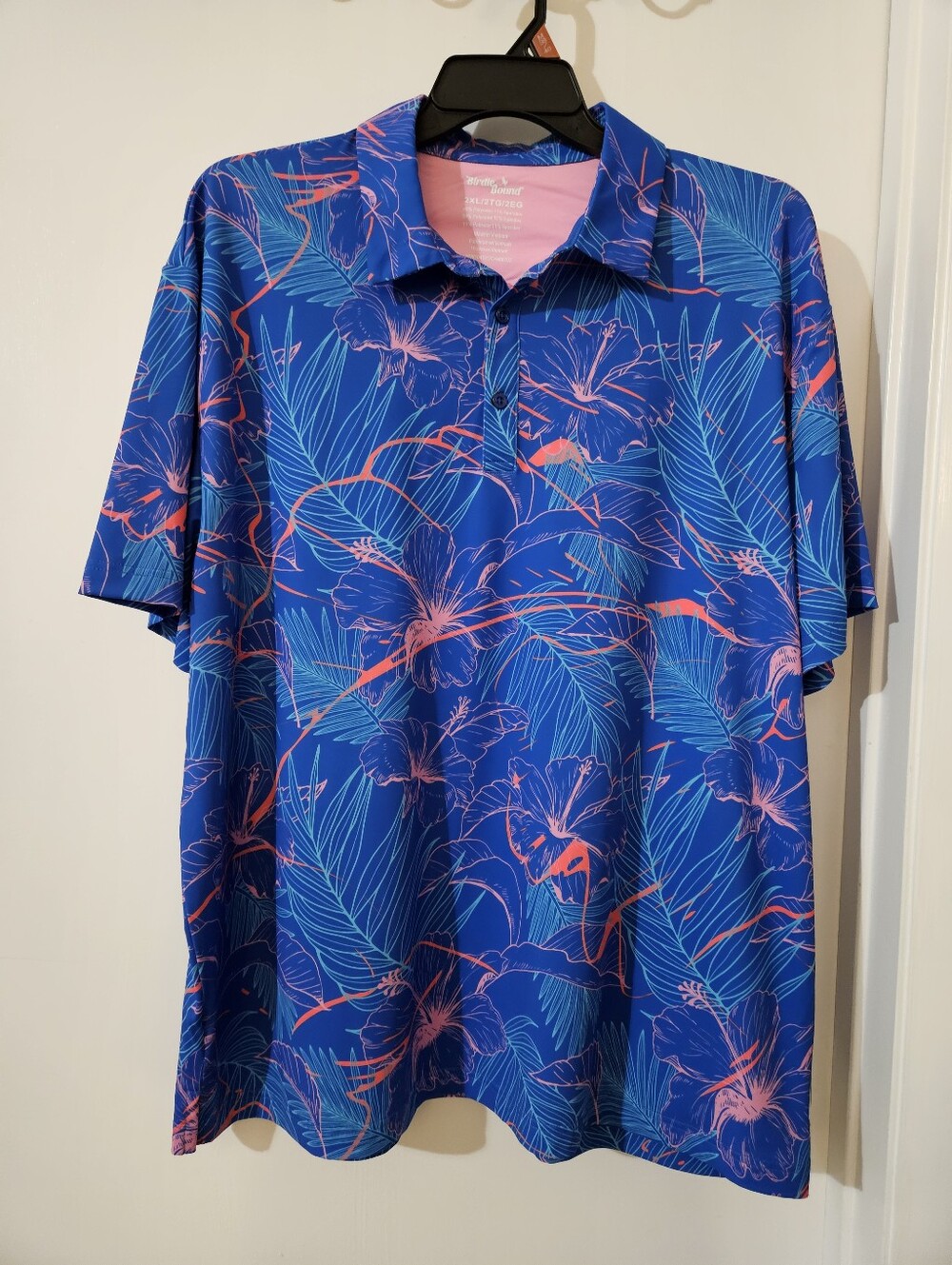 Birdie Bound Mens 2XL Golf Polo Shirt Blue Pink Tropical Hibiscus Stretch NWOT